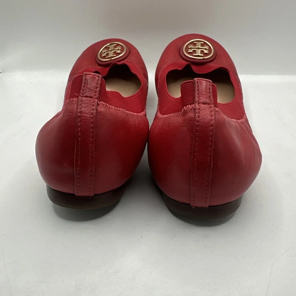Tory Burch Reva Red Ballet  Flats Gold Logo Size 11